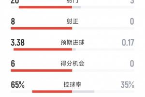  切尔西3-0狼队全场数据：射门20-3，射正8-0，得分机会6-0